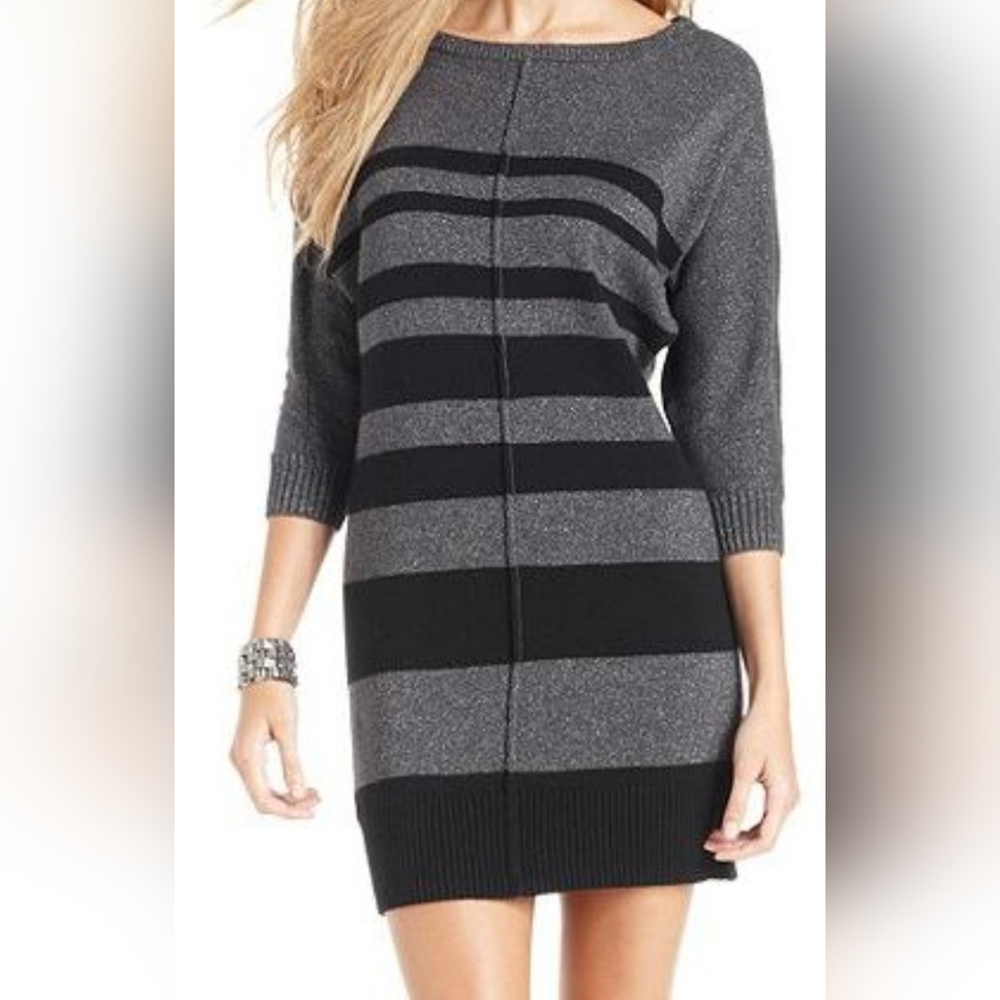 DKNY Women Cotton/Viscose/Angora/Rabbit Hair Striped Gray/Black Sweater Dress S